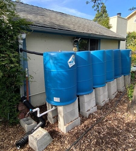 Six rainwater catchment barrels in a line