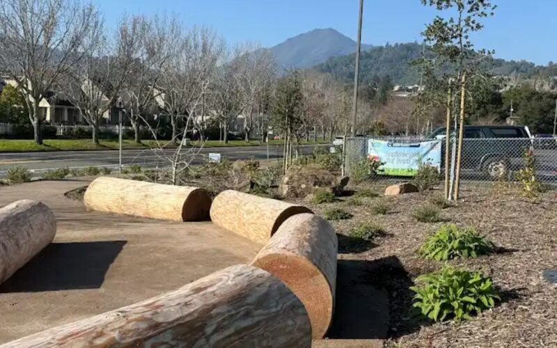 Seating on logs in front of the school