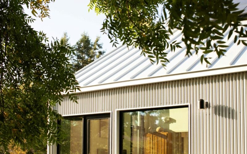 Green leaves fall in front of an efficient, modern home