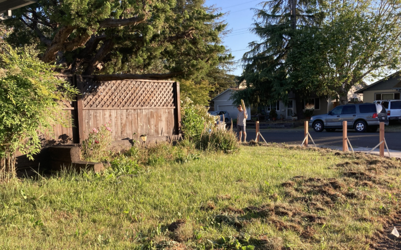 Photo of a front corner residential lot with patchy grass being dug up to convert to a low water landscape