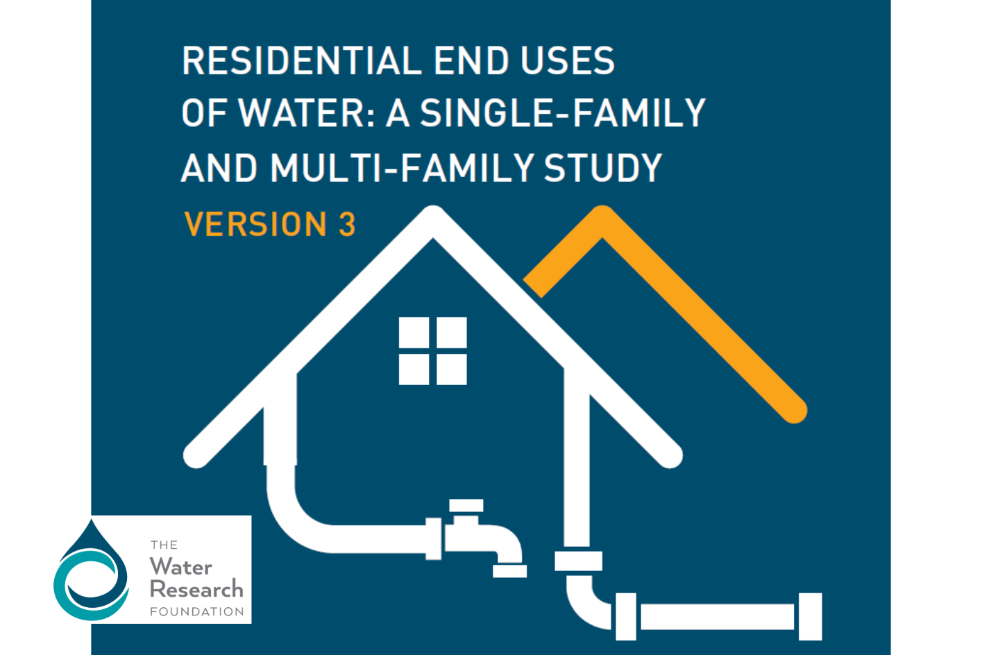 White and yellow icons of homes and water pipes. White and yellow text against a blue background reads 