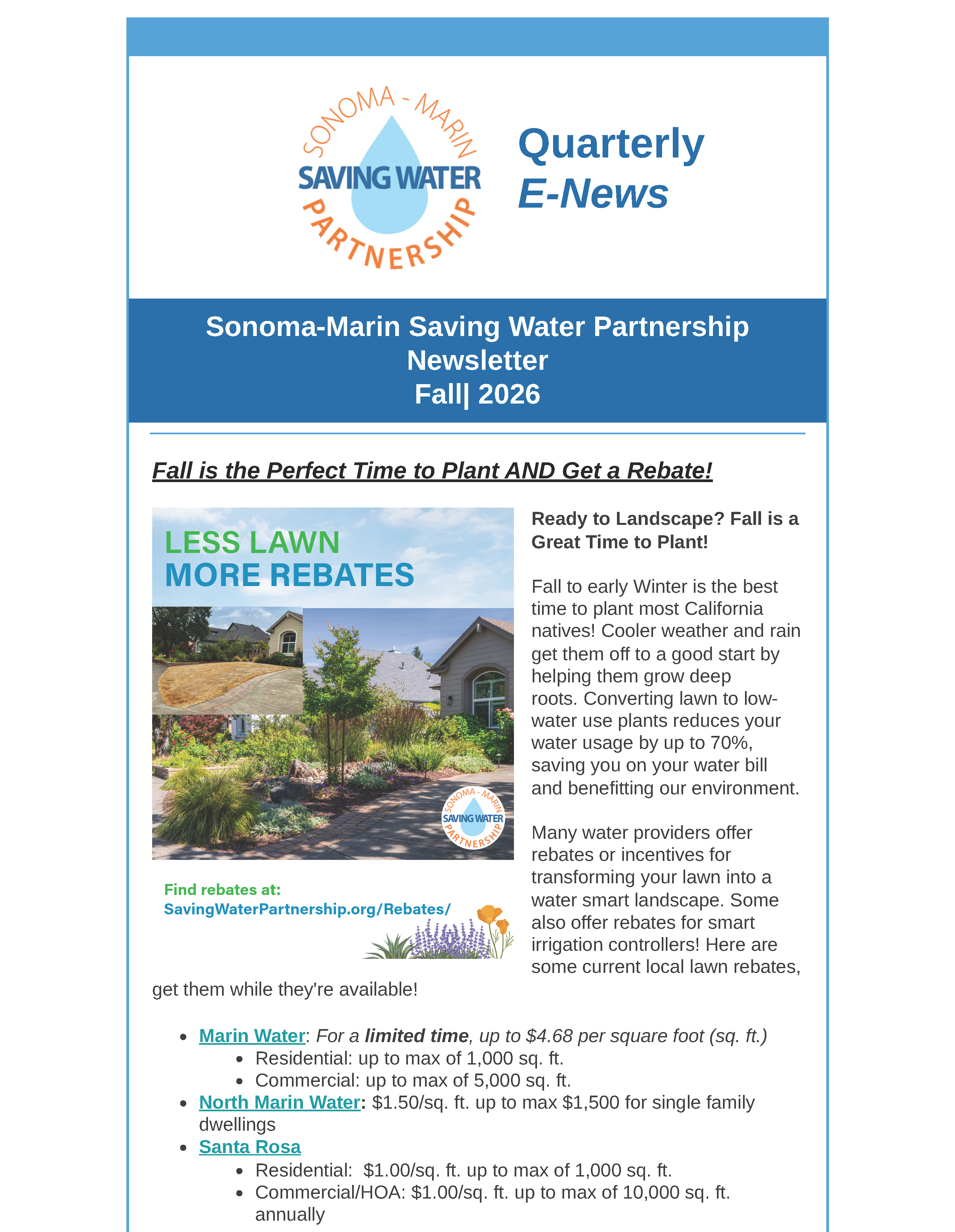 Front page of Sonoma-Marin Saving Water Partnership Fall E-News 2026